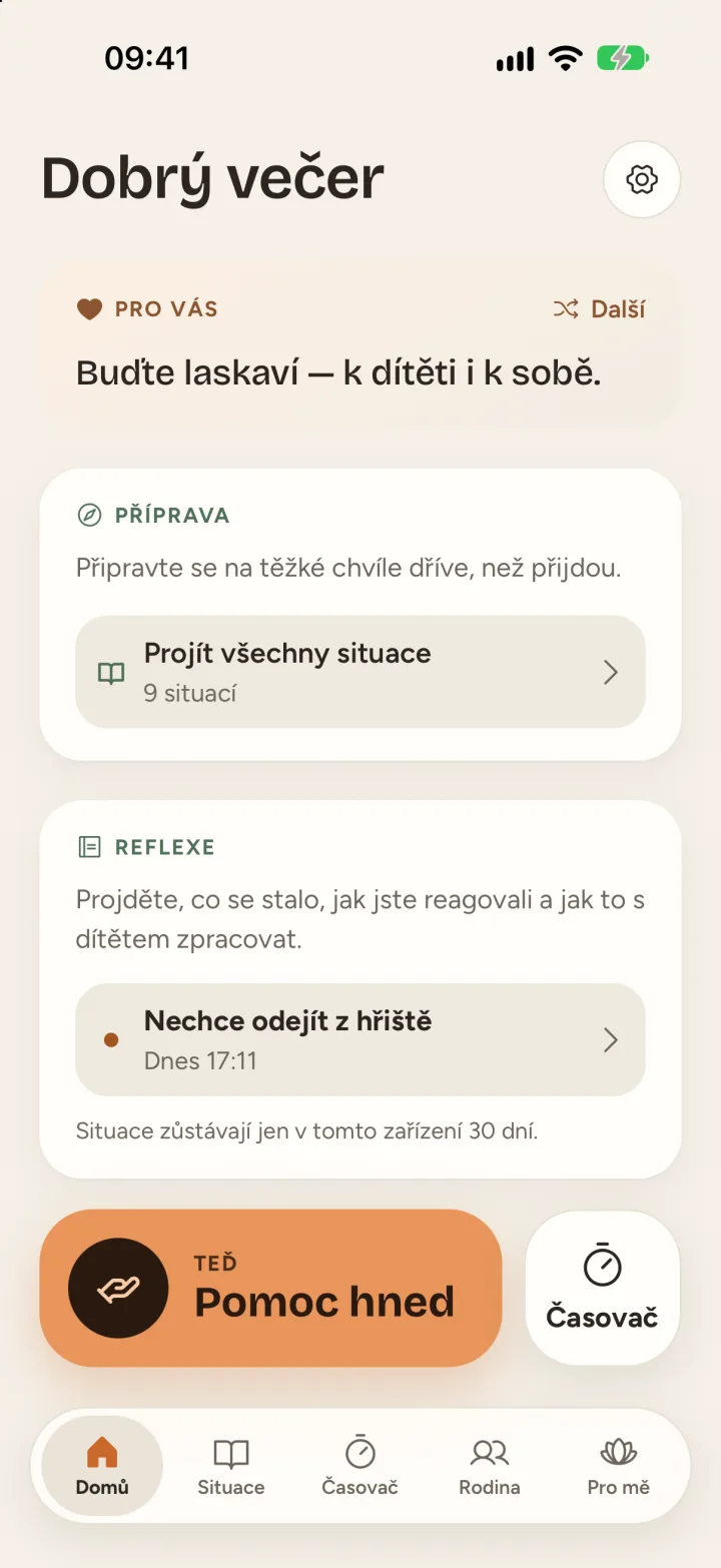 Domovská obrazovka s přípravou, reflexí a tlačítkem Pomoc hned